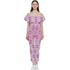 Alien Pattern Pink Bardot Ruffle Jumpsuit