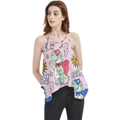 Seamless-pattern-with-many-funny-cute-superhero-dinosaurs-t-rex-mask-cloak-with-comics-style-inscrip Flowy Camisole Tank Top