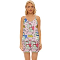 Seamless-pattern-with-many-funny-cute-superhero-dinosaurs-t-rex-mask-cloak-with-comics-style-inscrip V-neck Satin Pajamas Set