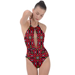 Traditional Art Pattern Plunge Cut Halter Swimsuit