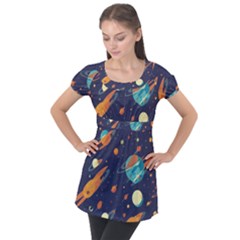 Space Galaxy Planet Universe Stars Night Fantasy Puff Sleeve Tunic Top