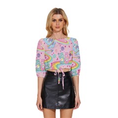 Bears Kawaii Pattern Mid Sleeve Drawstring Hem Top