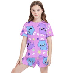 Seamless Pattern With Cute Kawaii Kittens Kids  T-shirt And Sports Shorts Set