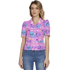 Seamless Pattern With Cute Kawaii Kittens Puffed Short Sleeve Button Up Jacket