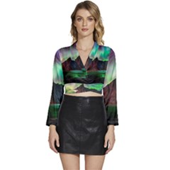 Aurora Borealis Nature Sky Light Long Sleeve Tie Back Satin Wrap Top
