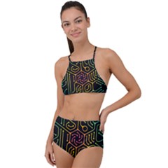 Circuit Hexagonal Geometric Pattern Background Pattern Halter Tankini Set