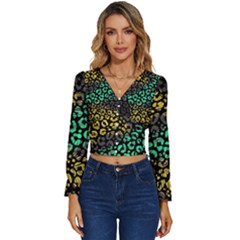 Abstract Geometric Seamless Pattern With Animal Print Long Sleeve V-neck Top