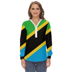 Flag Of Tanzania Zip Up Long Sleeve Blouse