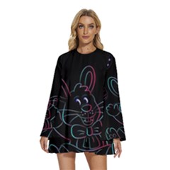 Easter-bunny-hare-rabbit-animal Round Neck Long Sleeve Bohemian Style Chiffon Mini Dress