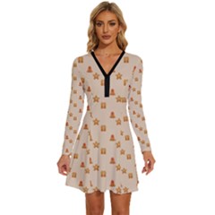 Christmas-wrapping-paper Long Sleeve Deep V Mini Dress  by Amaryn4rt
