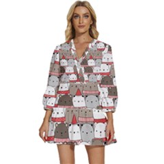 Cute Adorable Bear Merry Christmas Happy New Year Cartoon Doodle Seamless Pattern V-neck Placket Mini Dress by Amaryn4rt