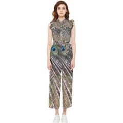 Peacock-feathers-pattern-colorful Women s Frill Top Chiffon Jumpsuit