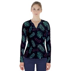 Abstract-seamless-pattern-with-tropical-leaves V-neck Long Sleeve Top