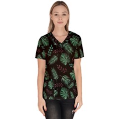 Abstract-seamless-pattern-with-tropical-leaves Women s V-neck Scrub Top