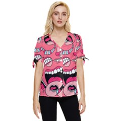 Big Mouth Worm Bow Sleeve Button Up Top by Dutashop