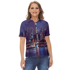 Frankfurt City Skyline Skyscraper Women s Short Sleeve Double Pocket Shirt