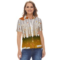 Birch Trees Fall Autumn Leaves Women s Short Sleeve Double Pocket Shirt