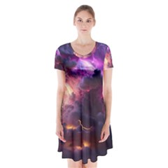 Cloud Heaven Storm Chaos Purple Short Sleeve V-neck Flare Dress