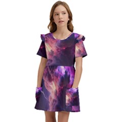 Cloud Heaven Storm Chaos Purple Kids  Frilly Sleeves Pocket Dress