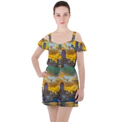 Boston Skyline Cityscape River Ruffle Cut Out Chiffon Playsuit