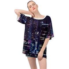 Black Building Lighted Under Clear Sky Oversized Chiffon Top by Modalart