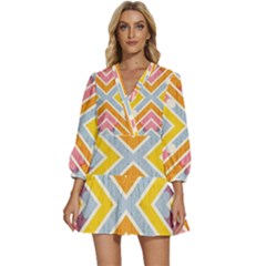 Line Pattern Cross Print Repeat V-neck Placket Mini Dress