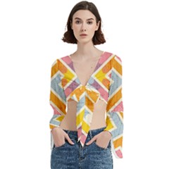 Line Pattern Cross Print Repeat Trumpet Sleeve Cropped Top