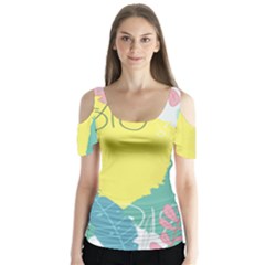 Plants Eaves Border Frame Butterfly Sleeve Cutout T-shirt 