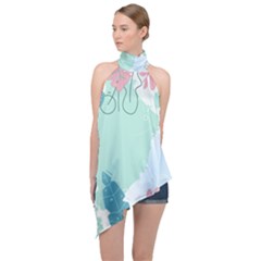 Plants Leaves Border Frame Halter Asymmetric Satin Top
