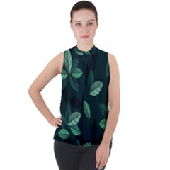 Leaves Foliage Plants Pattern Mock Neck Chiffon Sleeveless Top