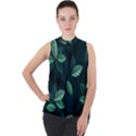 Leaves Foliage Plants Pattern Mock Neck Chiffon Sleeveless Top View1