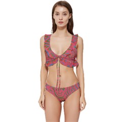 Pattern Saying Wavy Low Cut Ruffle Edge Bikini Set
