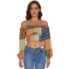Blue White Orange And Brown Container Van Long Sleeve Crinkled Weave Crop Top