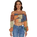 Blue White Orange And Brown Container Van Long Sleeve Crinkled Weave Crop Top View1