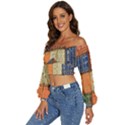 Blue White Orange And Brown Container Van Long Sleeve Crinkled Weave Crop Top View2