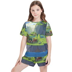 Cartoon Network Mountains Landscapes Seas Illustrations Adventure Time Rivers Kids  T-shirt And Sports Shorts Set