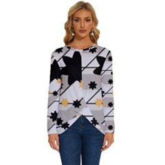 Flower Shape Abstract Pattern Long Sleeve Crew Neck Pullover Top