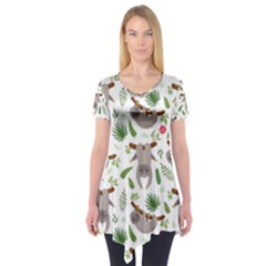 Seamless Pattern With Cute Sloths Short Sleeve Tunic 