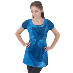 Abstract Classic Blue Background Puff Sleeve Tunic Top