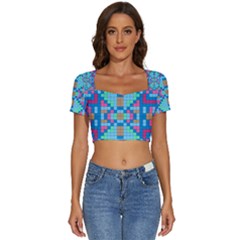 Checkerboard Square Abstract Short Sleeve Square Neckline Crop Top 