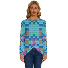 Checkerboard Square Abstract Long Sleeve Crew Neck Pullover Top