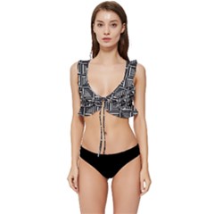 Pattern Op Art Black White Grey Low Cut Ruffle Edge Bikini Top