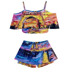 Eiffel Tower Starry Night Print Van Gogh Kids  Off Shoulder Skirt Bikini