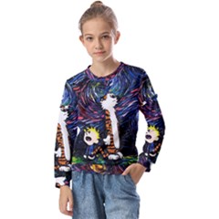 Cartoon Art Starry Night Van Gogh Kids  Long Sleeve T-shirt With Frill 