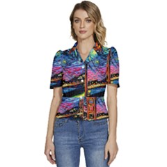 Golden Gate Bridge Starry Night Vincent Van Gogh Puffed Short Sleeve Button Up Jacket