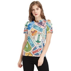 Travel Pattern Immigration Stamps Stickers With Historical Cultural Objects Travelling Visa Immigran Women s Short Sleeve Rash Guard