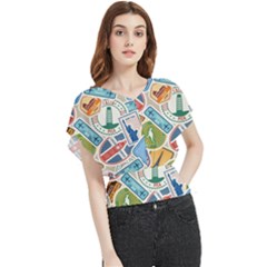 Travel Pattern Immigration Stamps Stickers With Historical Cultural Objects Travelling Visa Immigran Butterfly Chiffon Blouse