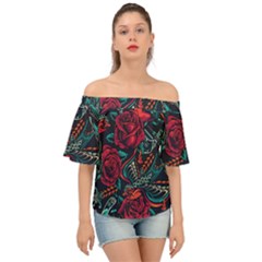 Vintage Flash Tattoos Designs Seamless Pattern Off Shoulder Short Sleeve Top
