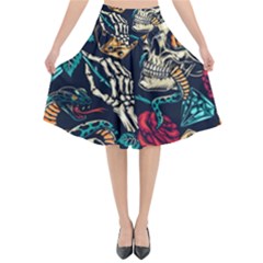 Vintage Art Tattoos Colorful Seamless Pattern Flared Midi Skirt