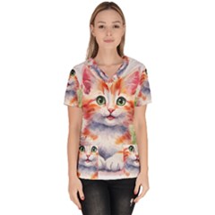 Kitty Watercolour Women s V-neck Scrub Top